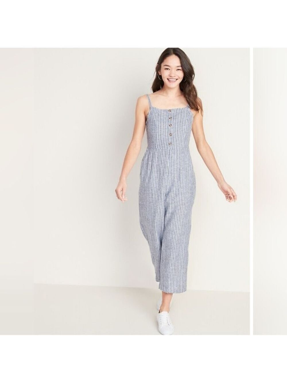 Womens Old Navy Square-Neck Linen Blend Blue Striped Cami Jumpsuit. Size XS